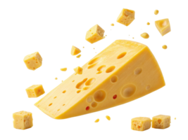 Delicious cheese is showcased with vibrant yellow hues and playful cubes floating around, creating delightful visual experience png