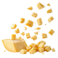 Delicious cheese pieces are flying through air creating delightful scene that showcases texture and richness of this dairy product png