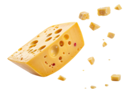 delicious cheese block with holes is captured mid air, showcasing its texture and flavor as small pieces scatter around it png