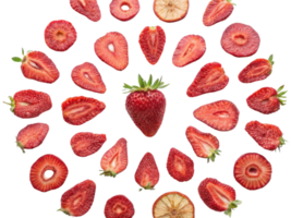 Fresh strawberries arranged in circular pattern, showcasing whole and sliced pieces, highlighting their vibrant red color and juicy texture png