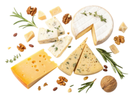 Delight in variety of cheese including creamy brie and sharp cheddar surrounded by herbs and nuts creating gourmet experience png
