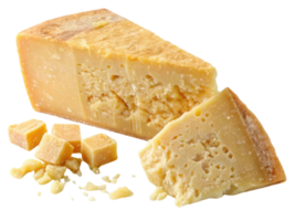Delicious cheese is displayed with wedge and cubes showcasing its rich texture and flavor, perfect for any culinary delight png