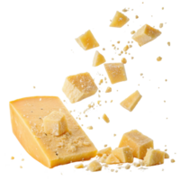 Delicious cheese pieces fall gracefully from block of cheese creating delightful scene that showcases texture and flavor of this dairy product png