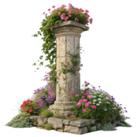 beautiful stone pillar adorned with vibrant flowers creates stunning focal point any garden. lush greenery and colorful blooms enhance natural png