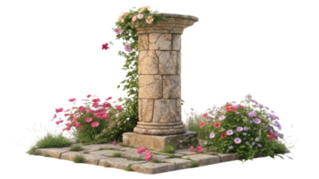 beautiful stone pillar surrounded by vibrant flowers creates serene garden scene that invites tranquility and reflection png
