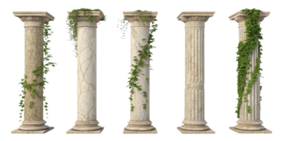 Ancient pillars adorned with lush green vines create stunning visual of nature and architecture. These structures evoke sense of history png