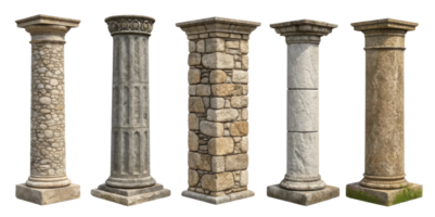 Ancient pillars showcase diverse architectural styles and textures, each telling story of history and craftsmanship png
