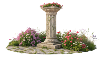 beautiful stone pillar surrounded by vibrant flowers creates serene garden scene that invites tranquility and peace png