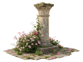 beautiful stone pillar surrounded by vibrant flowers and greenery creates serene garden scene. pillar stands tall amidst colorful blooms png