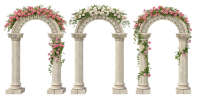 Elegant pillars adorned with vibrant flowers create stunning visual for any event. These arches serve as beautiful backdrops for weddings png