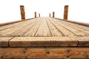 wooden dock extending into distance, showcasing its textured planks and sturdy posts, evokes sense of tranquility and nature png