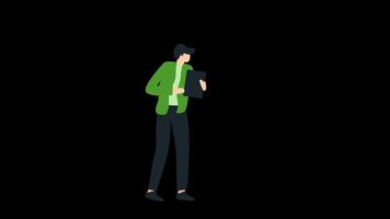 2d animation Man character person standing while explaining. Alpha channel or transparent background video