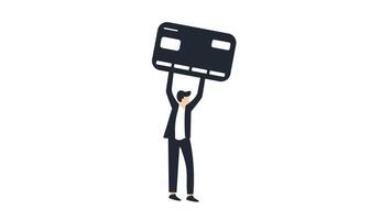 2d animation concept businessman carrying and lifting an atm card. Transparent background video