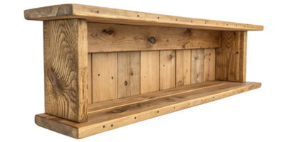 Rustic wooden shelf with natural finish, showcasing craftsmanship and design. Perfect for home decor and storage png