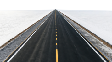 long, empty road stretches into distance, flanked by white snow on both sides, creating serene and tranquil atmosphere png