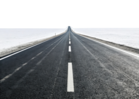 image features long, straight road stretching into distance, surrounded by snowy landscape. scene evokes sense of solitude png