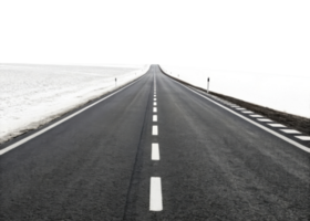 long, empty road stretches into distance, surrounded by snow covered fields, evoking sense of solitude and adventure png