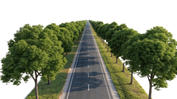 scenic view of straight road lined with lush green trees on both sides, creating serene atmosphere png