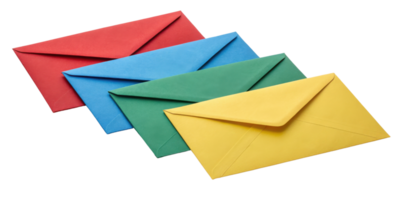 Colorful envelopes arranged in row, showcasing red, blue, green, and yellow hues, perfect for sending letters or invitations png