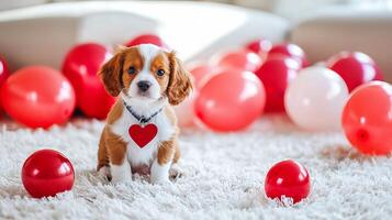 Adorable Puppy with Heart Pendant Surrounded by Red Balloons on Soft Carpet. Concept of Love, Celebration, Cuteness, and Festive Atmosphere.. Valentine's Day photo