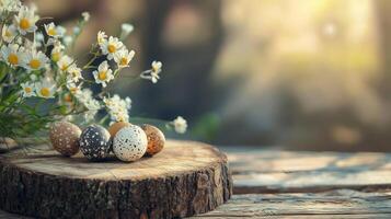 rústico primavera escena con moteado huevos y flores silvestres en de madera tocón concepto de de la naturaleza renovación tranquilidad sencillez. Pascua de Resurrección. Copiar espacio foto