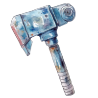 A blue metallic battle axe on transparent background. png