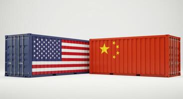 Two shipping containers with American and Chinese flags photo