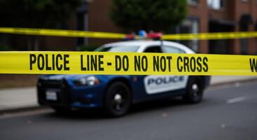 Police car behind yellow police line do not cross tape, suitable for crime scene investigation, law enforcement concept, or emergency response photo