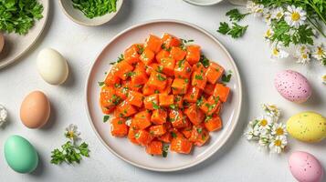 Elegant easter table with colorful eggs and gourmet side dish - concept of spring celebration and festive dining photo