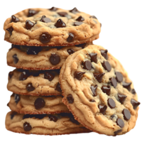 Freshly baked chocolate chip cookies stacked neatly on wooden plate png