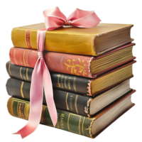 Stack of vintage books tied neatly soft elegant pink ribbon png