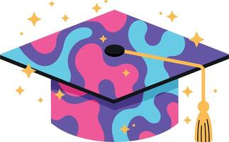 Colorful graduation cap design in vibrant flat style showcasing playful patterns and sparkling elements, art vector