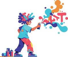 Young artist creating colorful graffiti using spray paint in a vibrant flat illustration vector