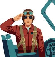 Pilot in a red jumpsuit saluting with aviator sunglasses in a flat art style vector