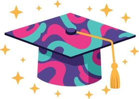 Colorful graduation cap with abstract patterns and sparkling stars, flat art vector