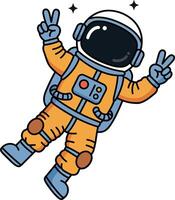 Astronaut in an orange space suit making a peace sign in flat art vector