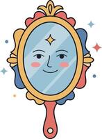 Charming smiling face in ornate hand mirror design, flat style art vector