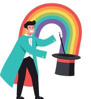 A joyful magician performing tricks with a colorful rainbow emerging from a top hat in flat art vector