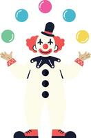 Jolly clown performing juggling act with colorful balls in flat art vector