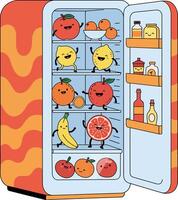 A colorful refrigerator filled with happy fruits and condiments in a playful flat illustration vector