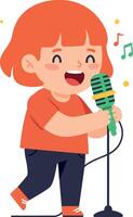 Happy child singing joyfully into a green microphone in a flat illustration vector