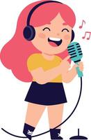 Happy girl singing into a microphone with headphones in a colorful flat illustration vector