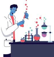 Scientist conducting experiments with colorful liquids in a flat illustration vector