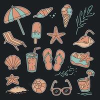 Colorful beach-themed objects including ice cream, starfish, and drinks in a flat illustration vector