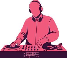 DJ mixing vibrant beats with turntables in flat art style, showcasing energy and rhythm in a lively setting vector