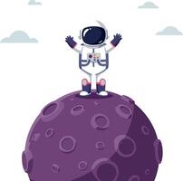 Astronaut standing triumphantly on a purple moon with a flat design style art vector