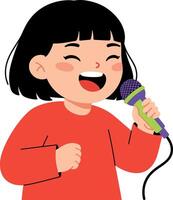 A joyful girl singing into a microphone in a minimal and colorful illustration vector