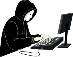 A person in a black hoodie working diligently on a keyboard at a computer in flat art vector