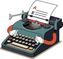 Vintage typewriter with cartoon hands typing a document in flat art vector