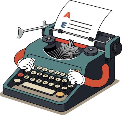Vintage typewriter with cartoon hands typing a document in flat art